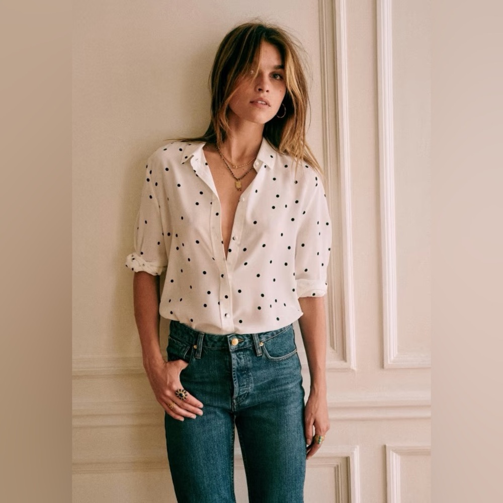 Sezane Ann Polka Dot Silk Button Blouse Top